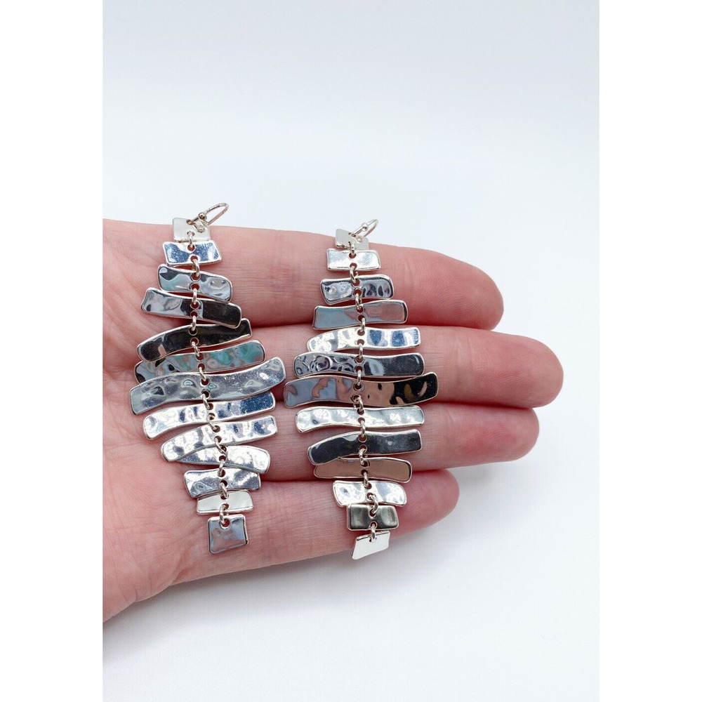 Silver Tone Sculptural Dangle Pierced Statement Earrings Layered Movement Runway - Picture 3 of 4